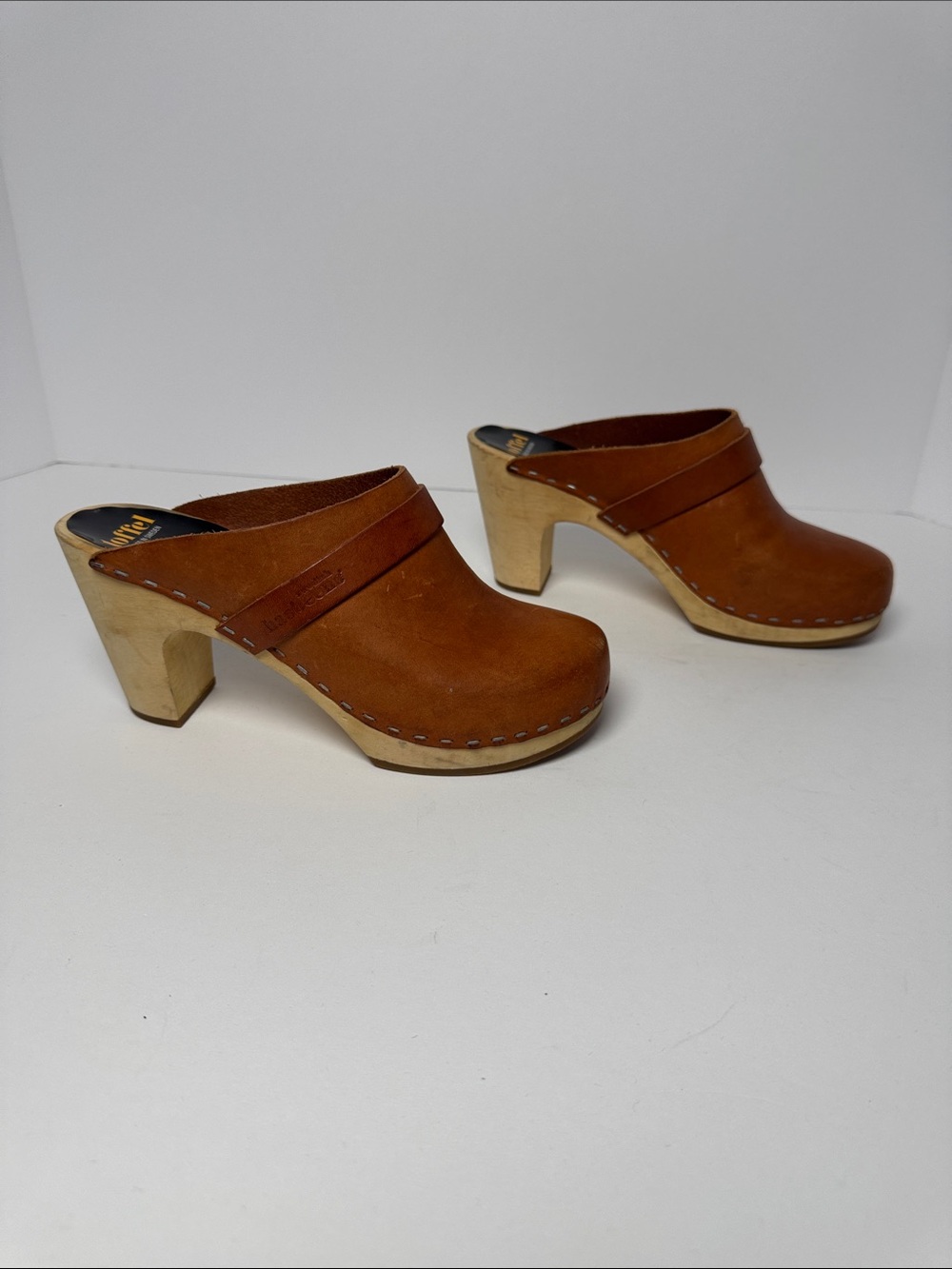 HASBEENS Swedish Slip-In Heeled Clogs Brown Leather Wood Soles Minimal Style 36